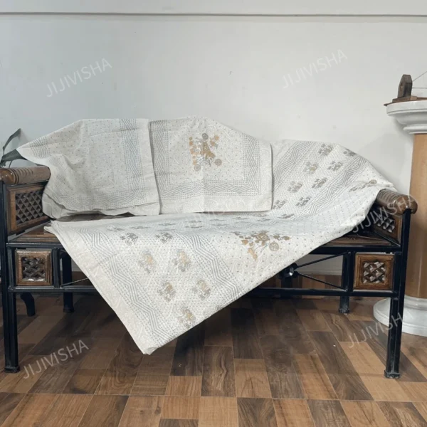 Buy Ivory Golden Block Printed Bedsheet with 2 Pillow Covers