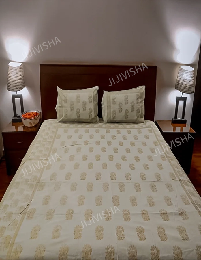 Buy Pista Green Golden Hand Block Print Bedsheet Set