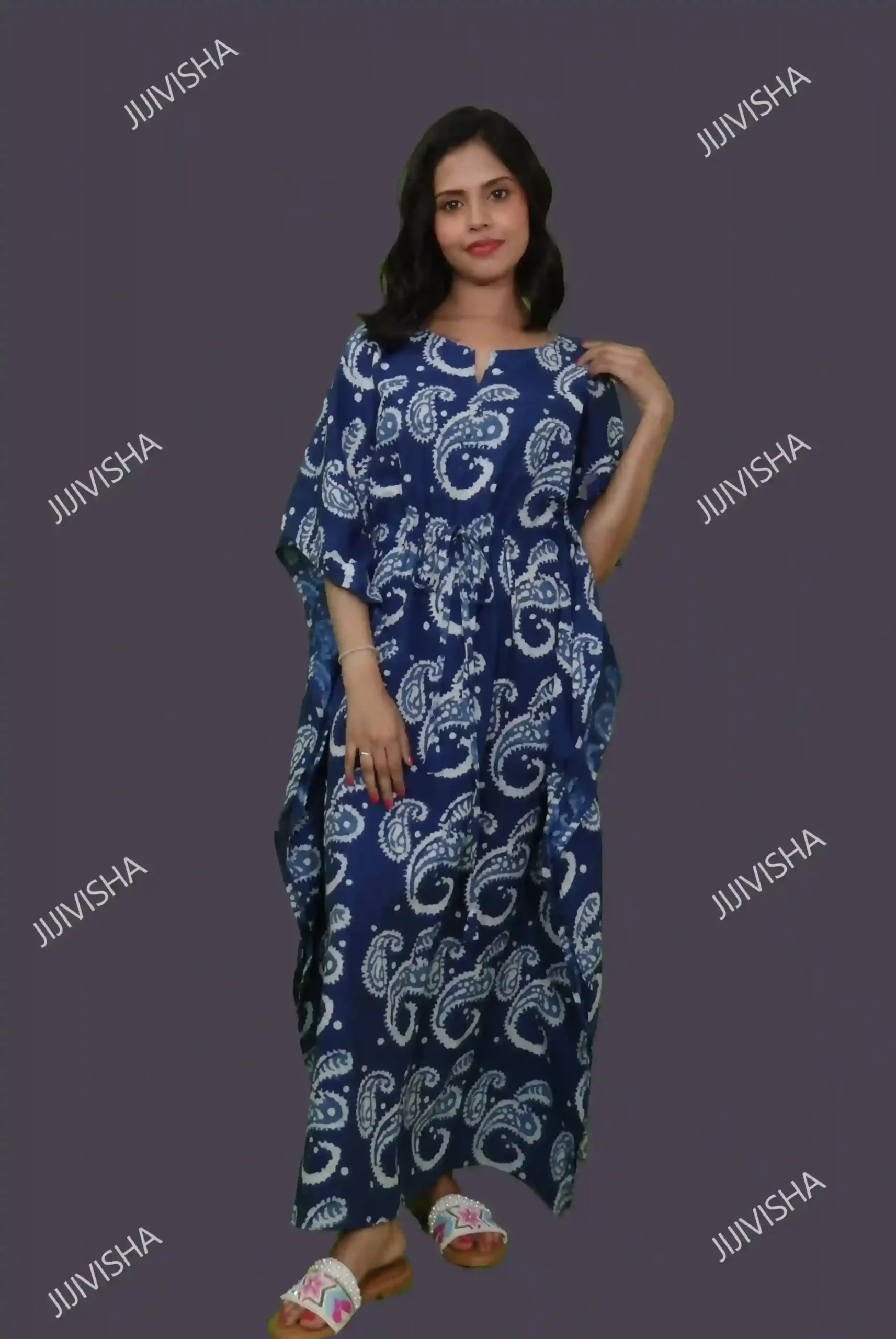 INDIGO HANDBLOCK PRINTED COTTON KAFTAN main image 0