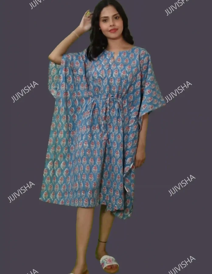 Buy Light Blue & Pink Cotton Hand Block Printed Cotton Kaftan Online