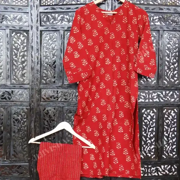 Buy Red and Beige Hand Block Printed Kurta Set Online