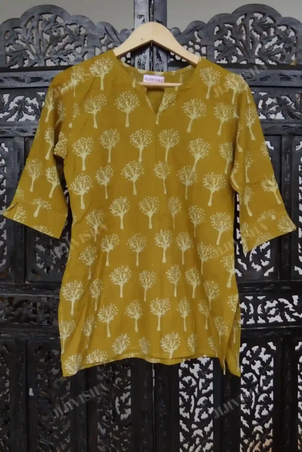 Buy Mustard and Beige Tree Block Print Short Kurti Online
