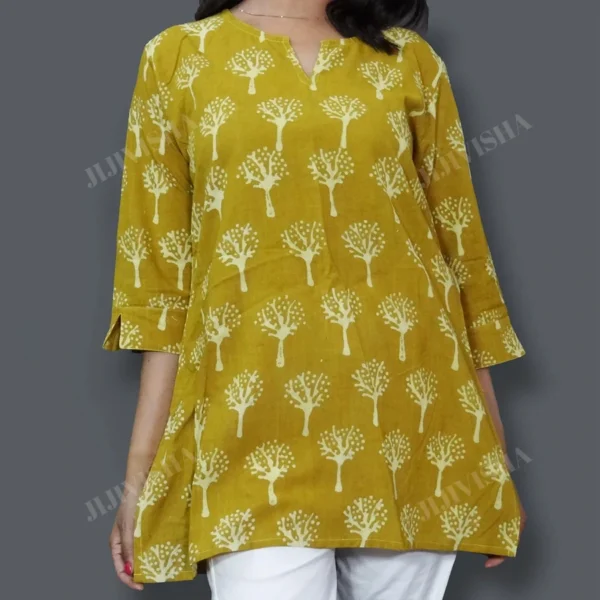 Buy Mustard and Beige Tree Block Print Short Kurti Online