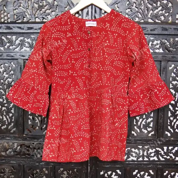 Buy Red & Beige Leaves Block Printed Short Kurti Online
