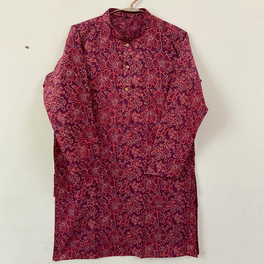 Maroon Floral Hand Block Printed Cotton Kurta