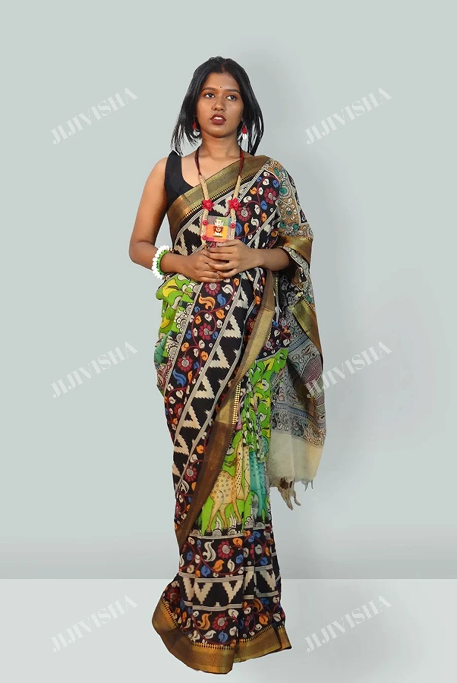 Buy Light Green Kalamkari Hand Painted Silk Saree Online