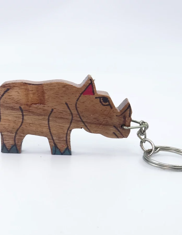 Wooden Rhinoceros Hand Painted Key Chain