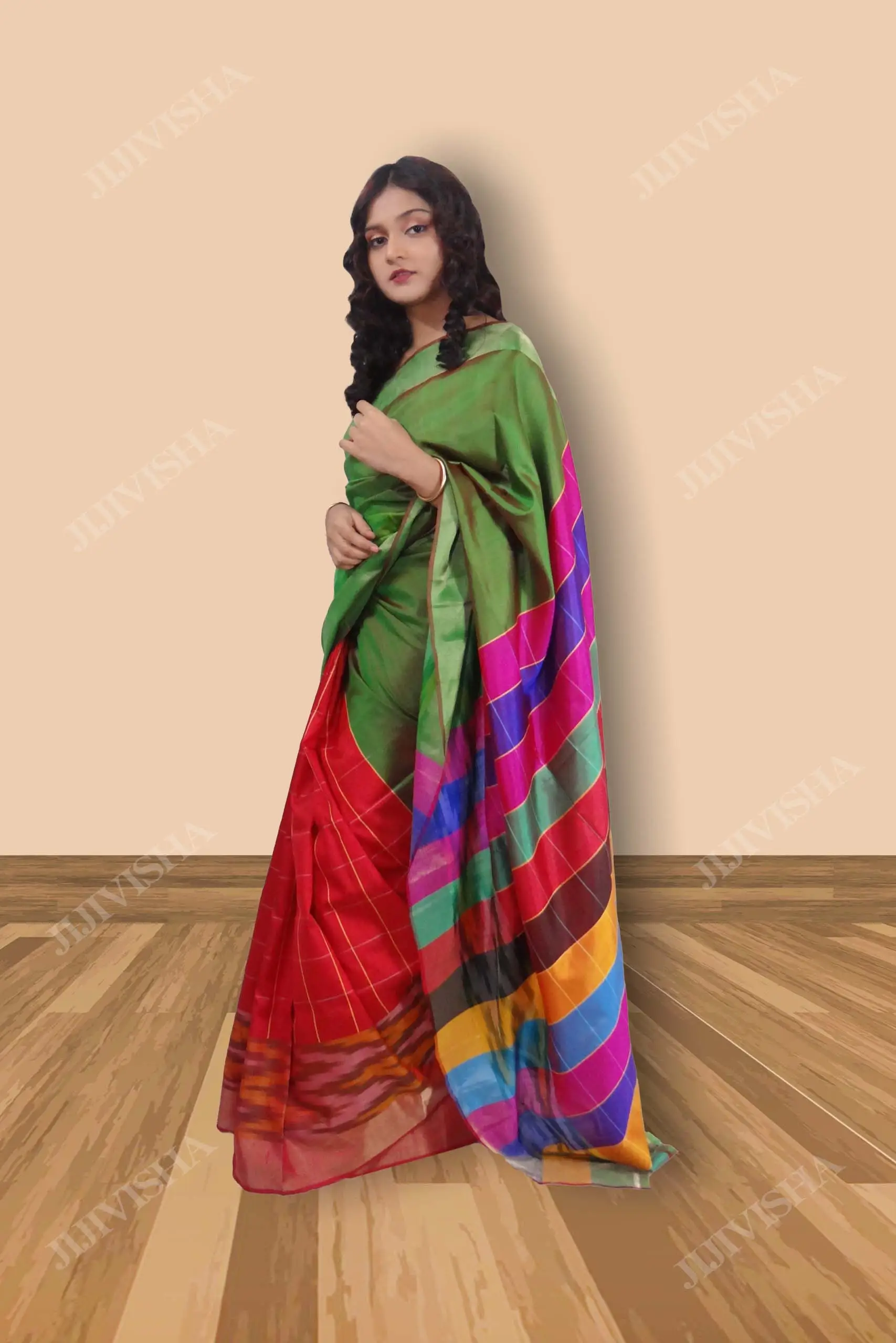 Buy Red & Green Katan Silk Ikkat Border Saree Online