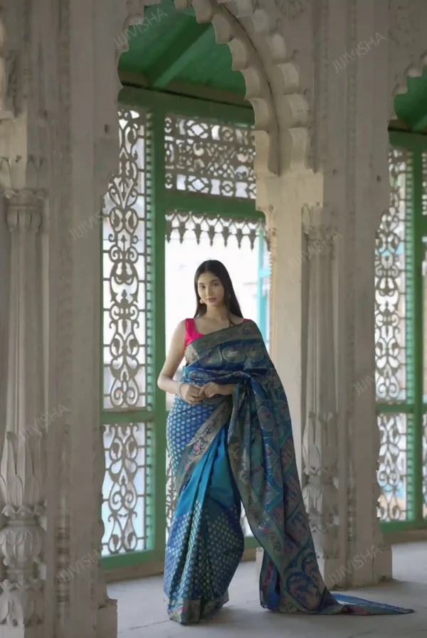 Buy Pure Katan Silk Blue Swarnachari Saree Online
