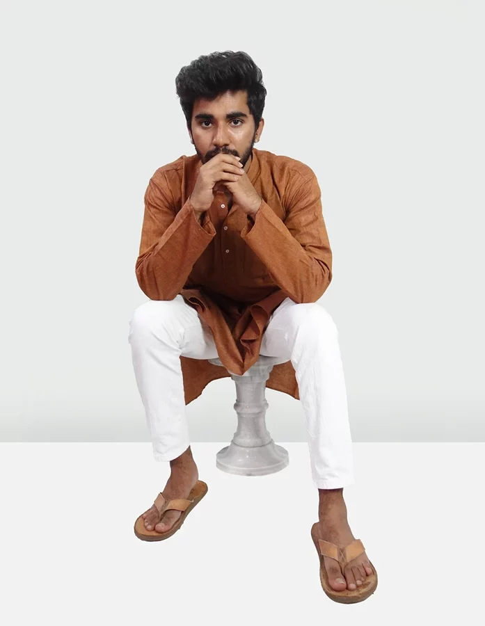 Handcrafted Brown: Superfine Cotton Short Kurta with Chinese Collar
