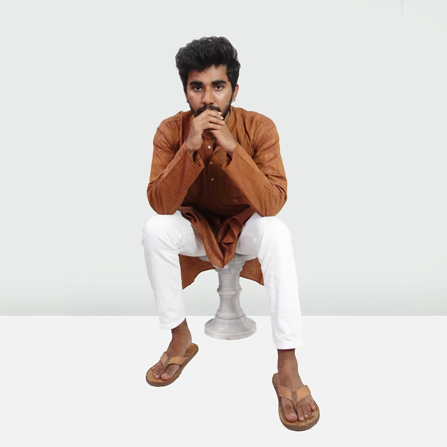 Handcrafted Brown: Superfine Cotton Short Kurta with Chinese Collar