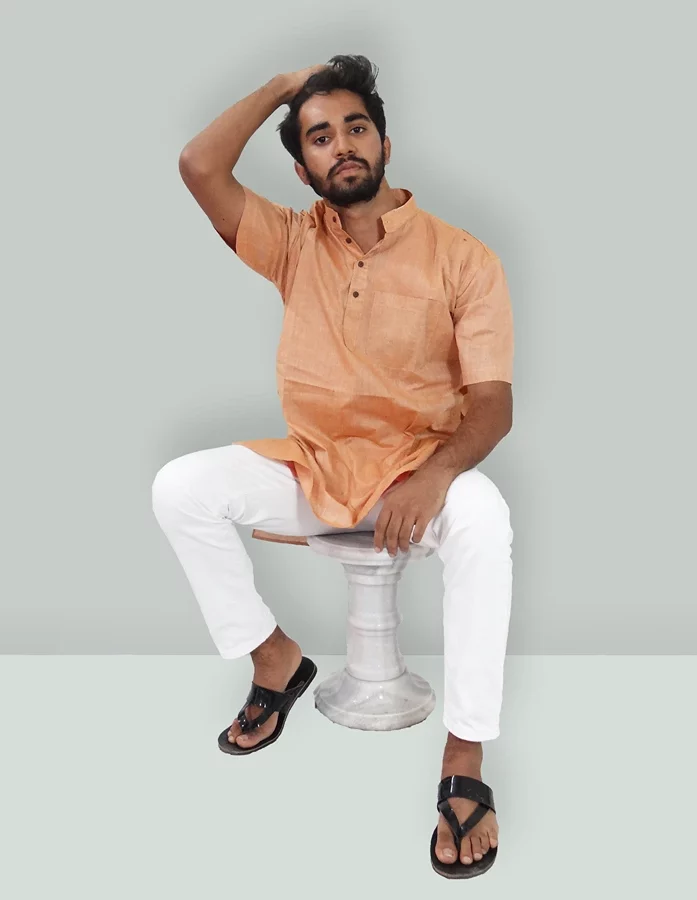 Peach Hand Woven Cotton Half Sleeves Kurta