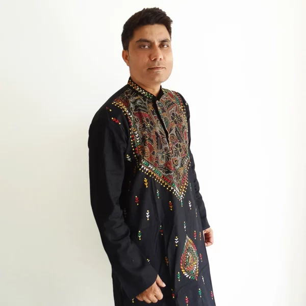 Black Kantha Hand Embroidered Cotton Kurta