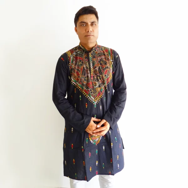 Black Kantha Hand Embroidered Cotton Kurta