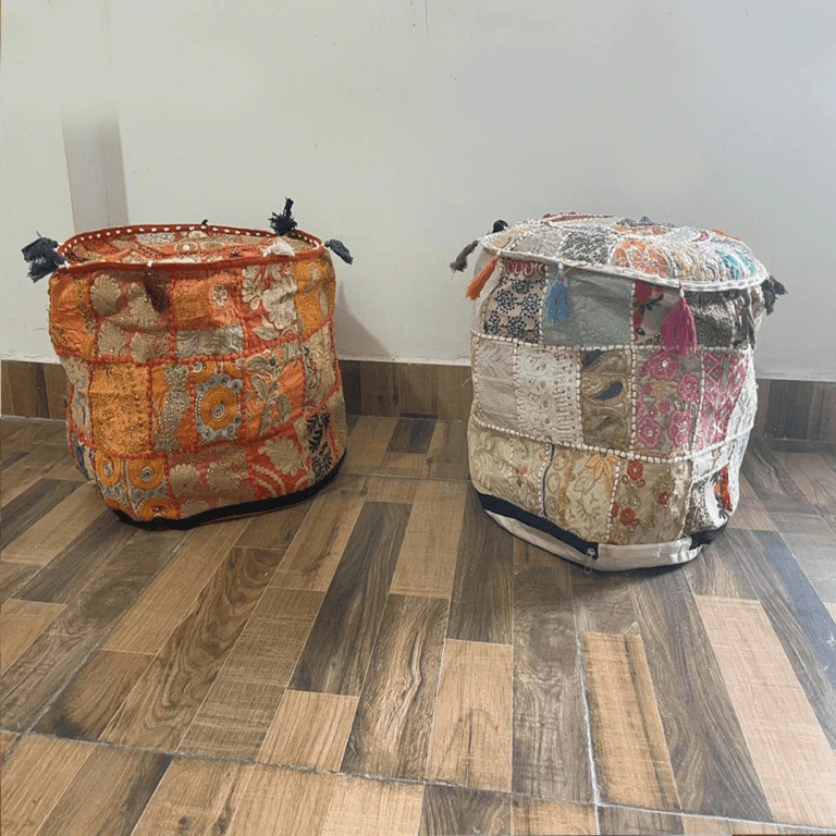Ivory and Orange Pouf (Without Beans) Set of 2