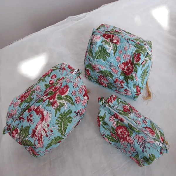 Blue & Red Floral Hand Block Printed Pouch(Set of 3)