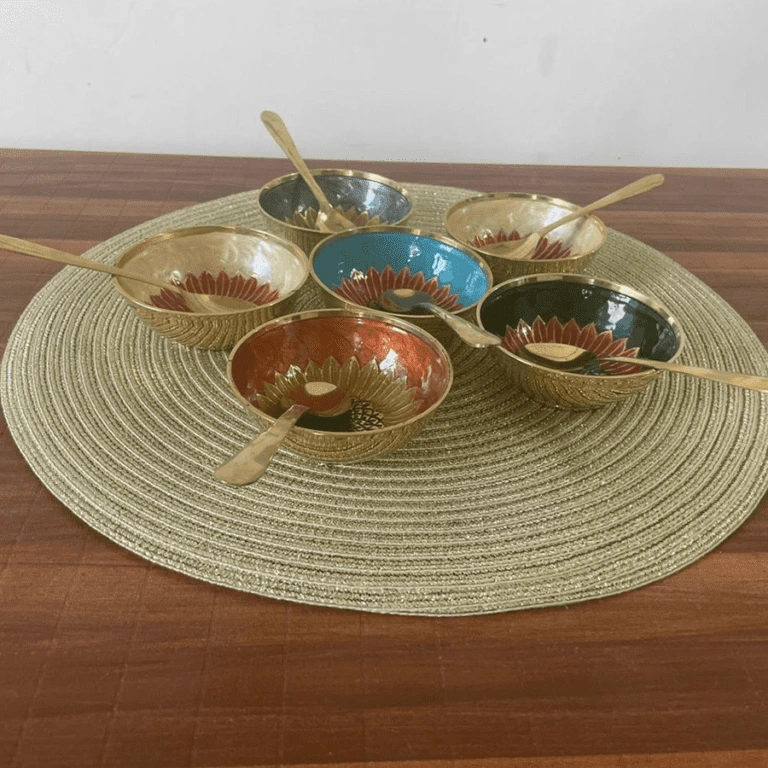 Multicolored Brass Dessert Bowls Set with Spoons (Set of 6)