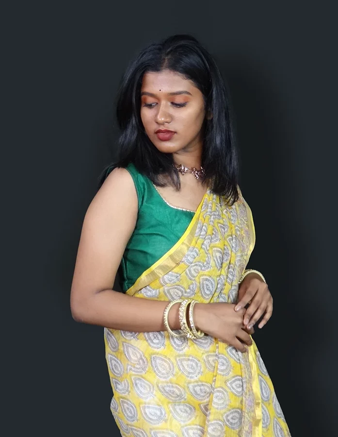Yellow Coloured Kota Cotton Saree With Leaves Block Printed Design With Blouse Piece