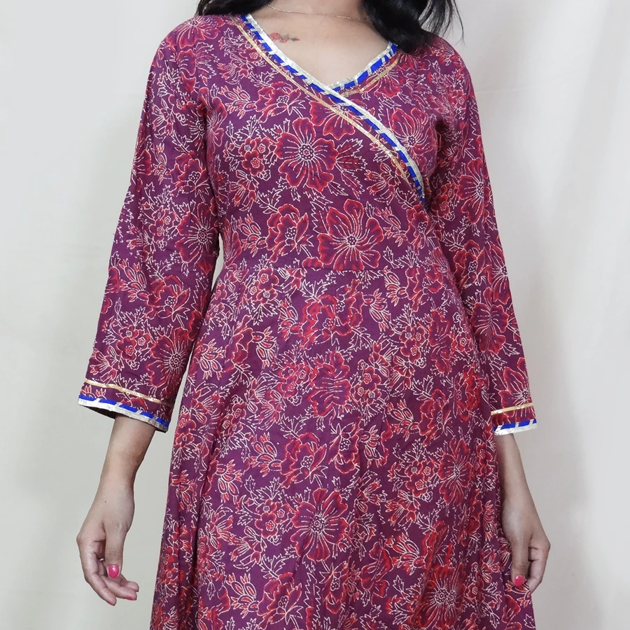 Burgundy Floral Hand Block Printed Anarkali Kurta