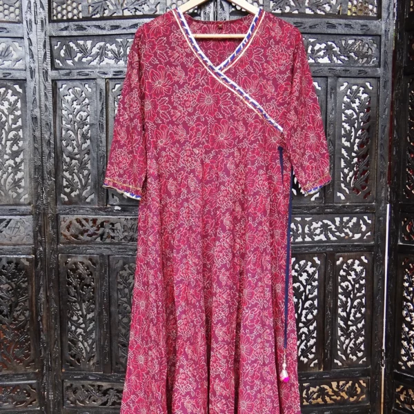 Burgundy Floral Hand Block Printed Anarkali Kurta