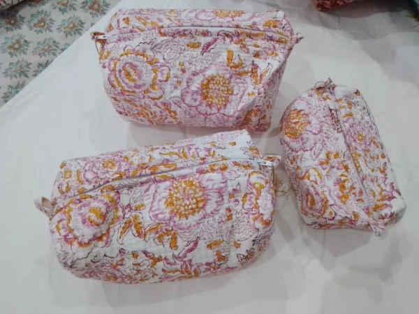 Pink & Ivory Floral Hand Block Printed Pouch(Set of 3