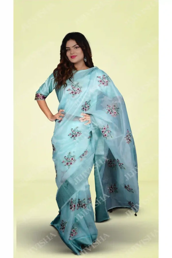 Buy Handwoven Blue Organza Saree with Intricate Design Online