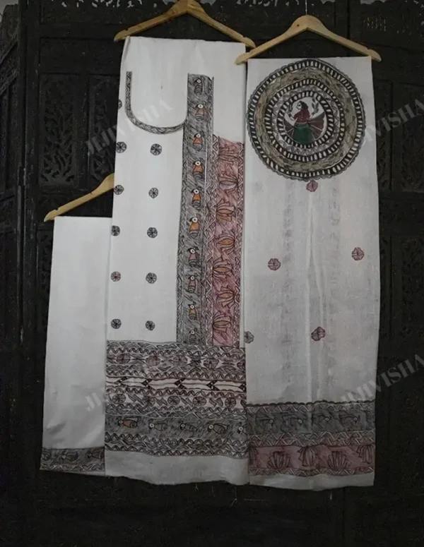 Buy Ivory Madhubani Handpainted Linen Dress Material Set Online