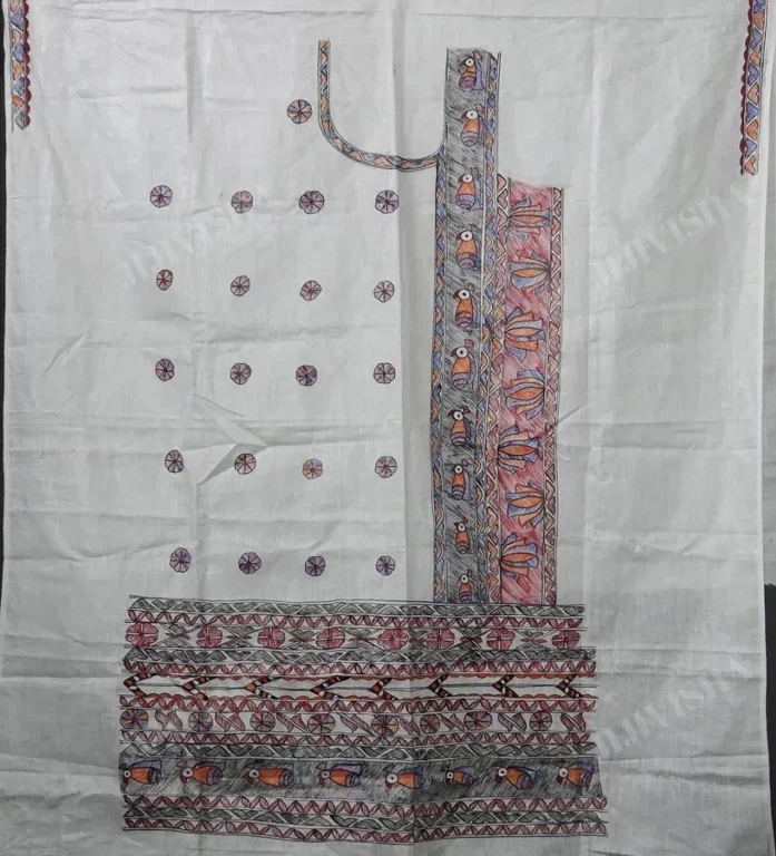 Buy Ivory Madhubani Handpainted Linen Dress Material Set Online