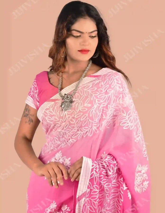 Buy Handcrafted Pink Georgette Saree with Exquisite Embroidery Online