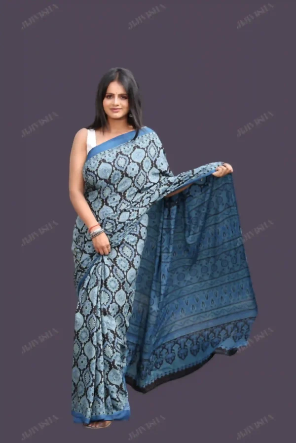 Buy Blue & Black Ajrakh Print Saree Online