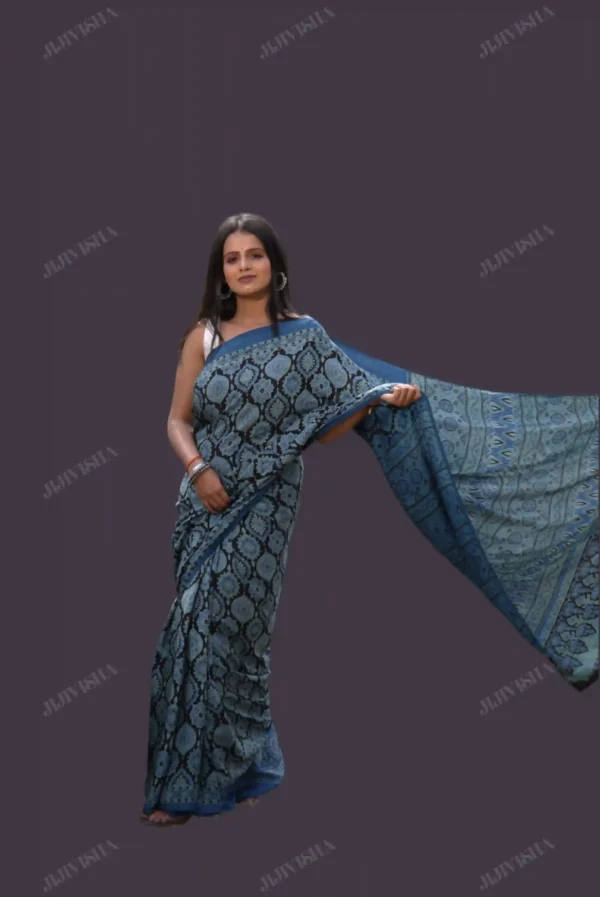 Buy Blue & Black Ajrakh Print Saree Online