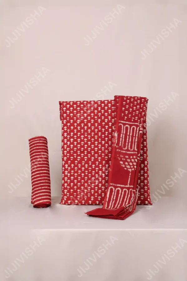 Buy Crimson Glow White Diya Motif Hand Block Print Cotton Dress Material with Dupatta Online