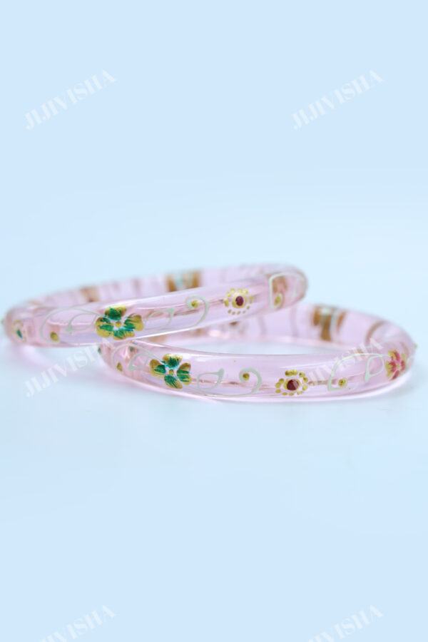 Buy Baby Pink Crystalline Glass Bangles with Golden and White Hand Painting Online