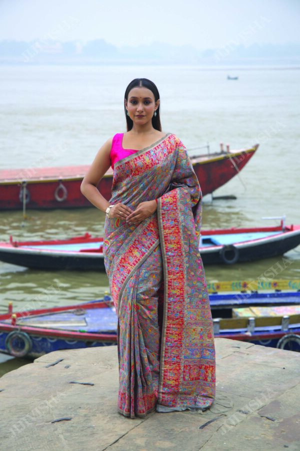 Buy Grey Kani Weave Silk Saree Online