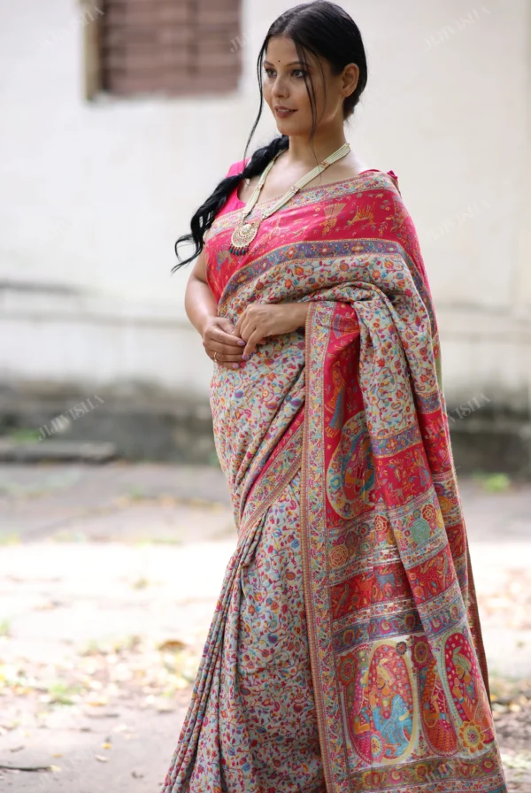 Buy Grey Kani Silk Saree with Vibrant Floral Jaal Online