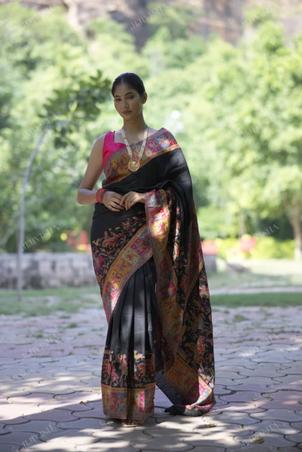 Buy Black Kani Weave Saree with Horse Riding Warriors Online