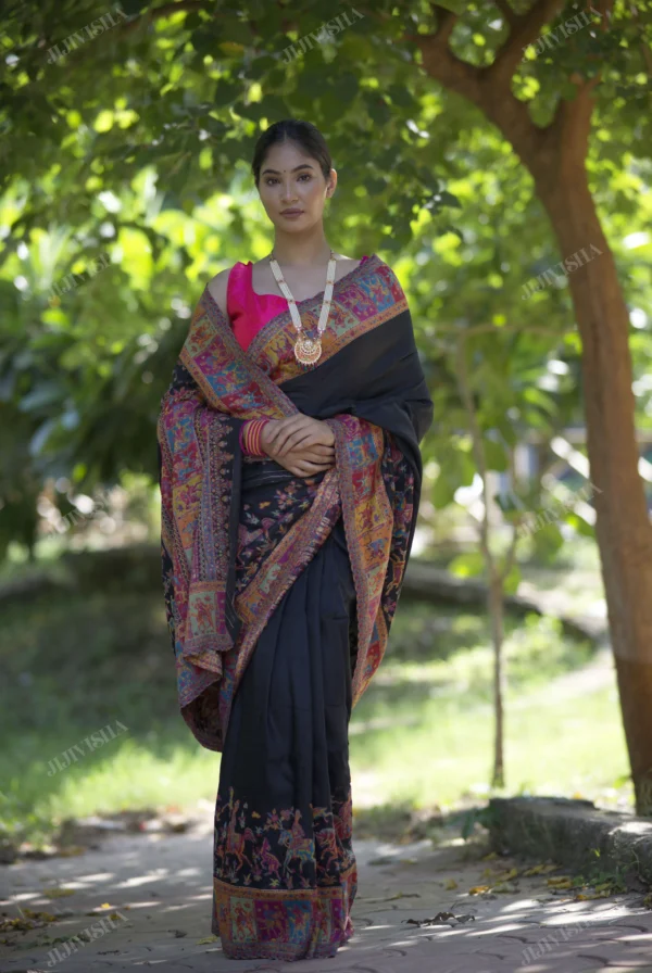 Buy Black Kani Weave Saree with Horse Riding Warriors Online