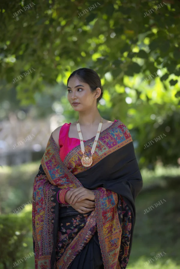 Buy Black Kani Weave Saree with Horse Riding Warriors Online