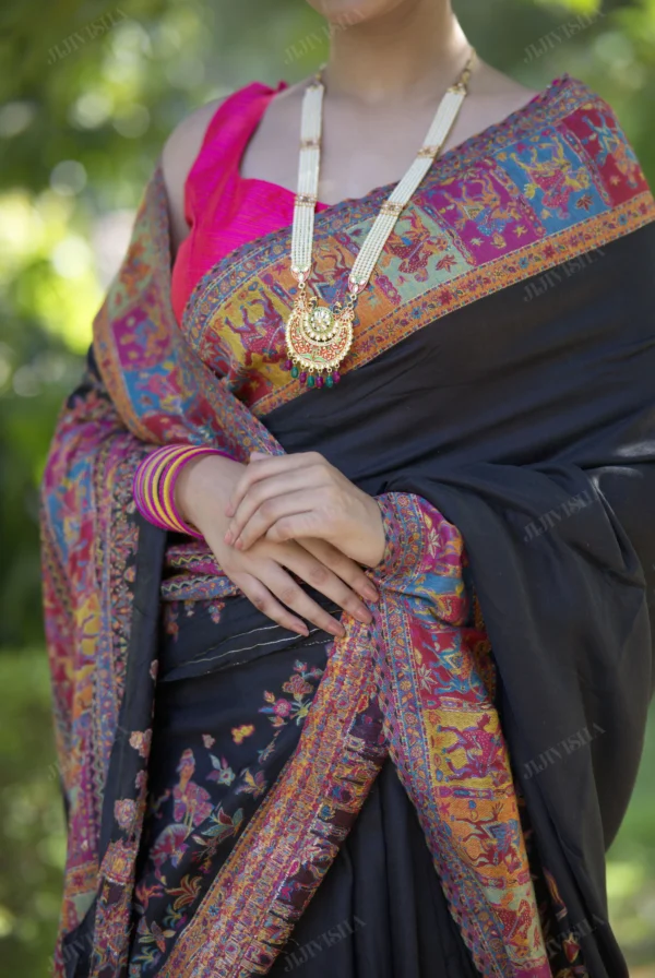 Buy Black Kani Weave Saree with Horse Riding Warriors Online