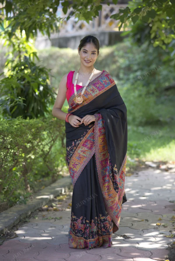 Buy Black Kani Weave Saree with Horse Riding Warriors Online