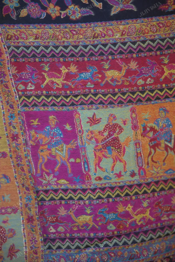 Buy Black Kani Weave Saree with Horse Riding Warriors Online
