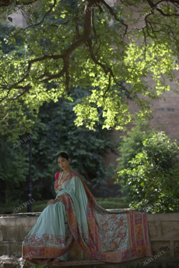 Buy Seagreen Kani Silk Saree with Multi-Colour Pallu Online