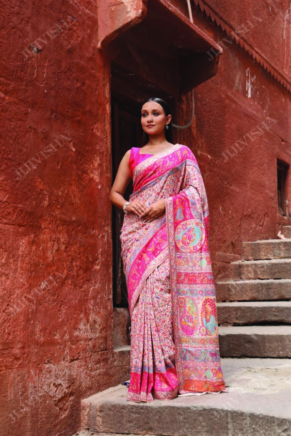 Buy Light Pink Kani Silk Saree with Raja Rani Motifs Online