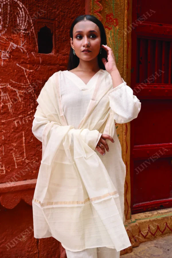 Buy Ivory Chanderi Silk Dupatta with Golden Border Online