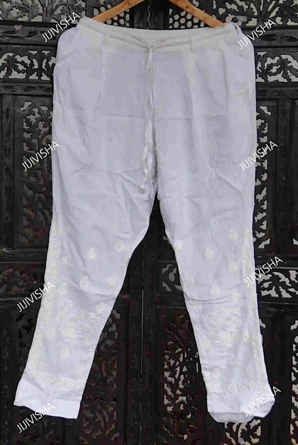 Buy White Cotton Pants with Rose Chikankari Embroidery