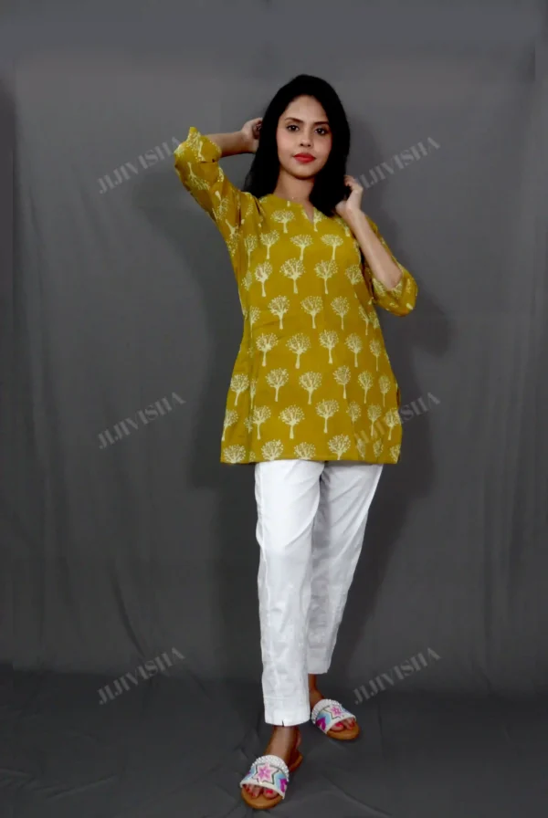 Buy Mustard and Beige Tree Block Print Short Kurti