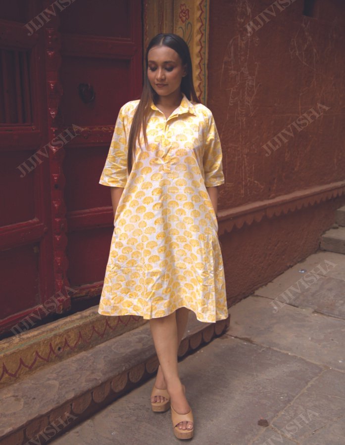 Yellow Shell Hand Block Print Women's Cotton Tunic
