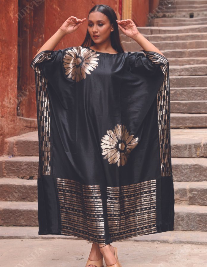 Black Banarasi Kaftan With Golden Brocade Flowers