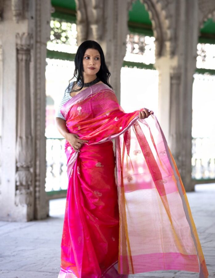 Pink Chanderi Silk Saree with Golden Floral Motifs