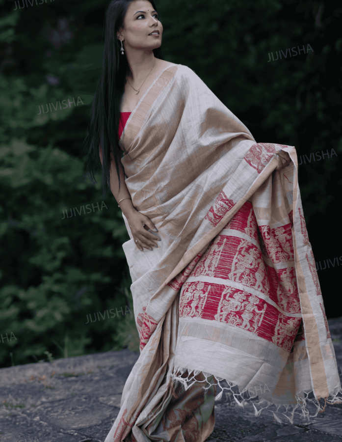 Kosa Silk Saree with Red Tribal Couple Motifs